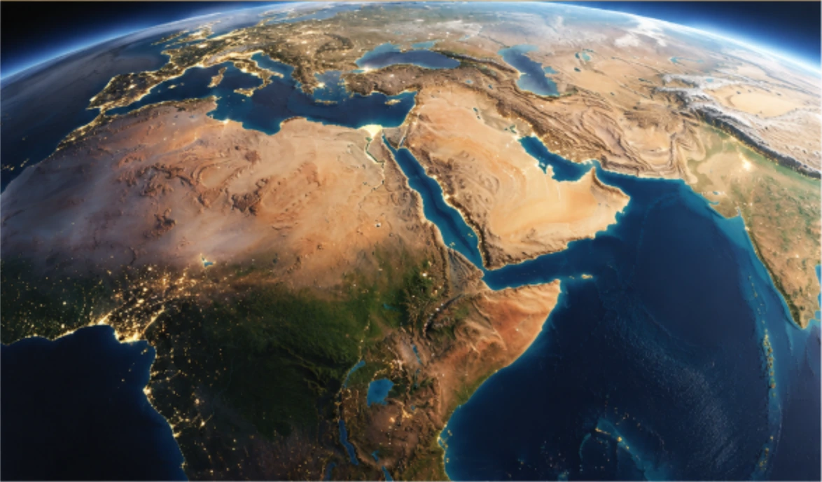 Illustrated satellite view of Africa, the Middle East and the Arabian Peninsula